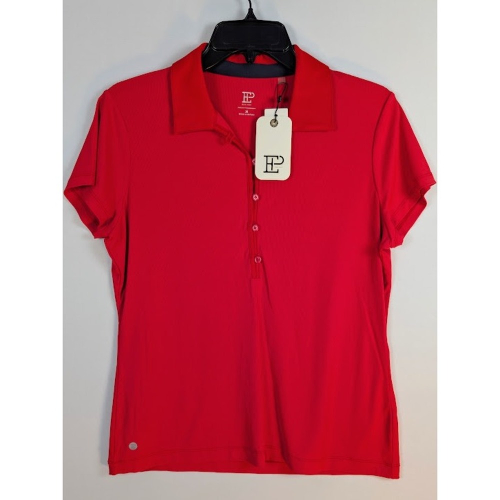 EP New York Golf Polo Womens M Red Ribbed Button Loop Short Henley NEW